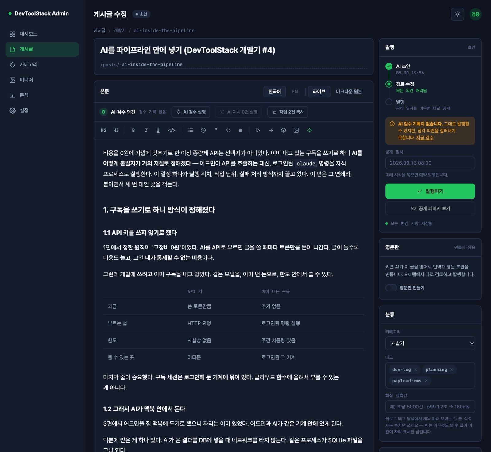 AI 초안이 들어온 직후의 어드민 편집기 — 제목·슬러그·본문·카테고리·태그 칸이 모두 채워져 있다